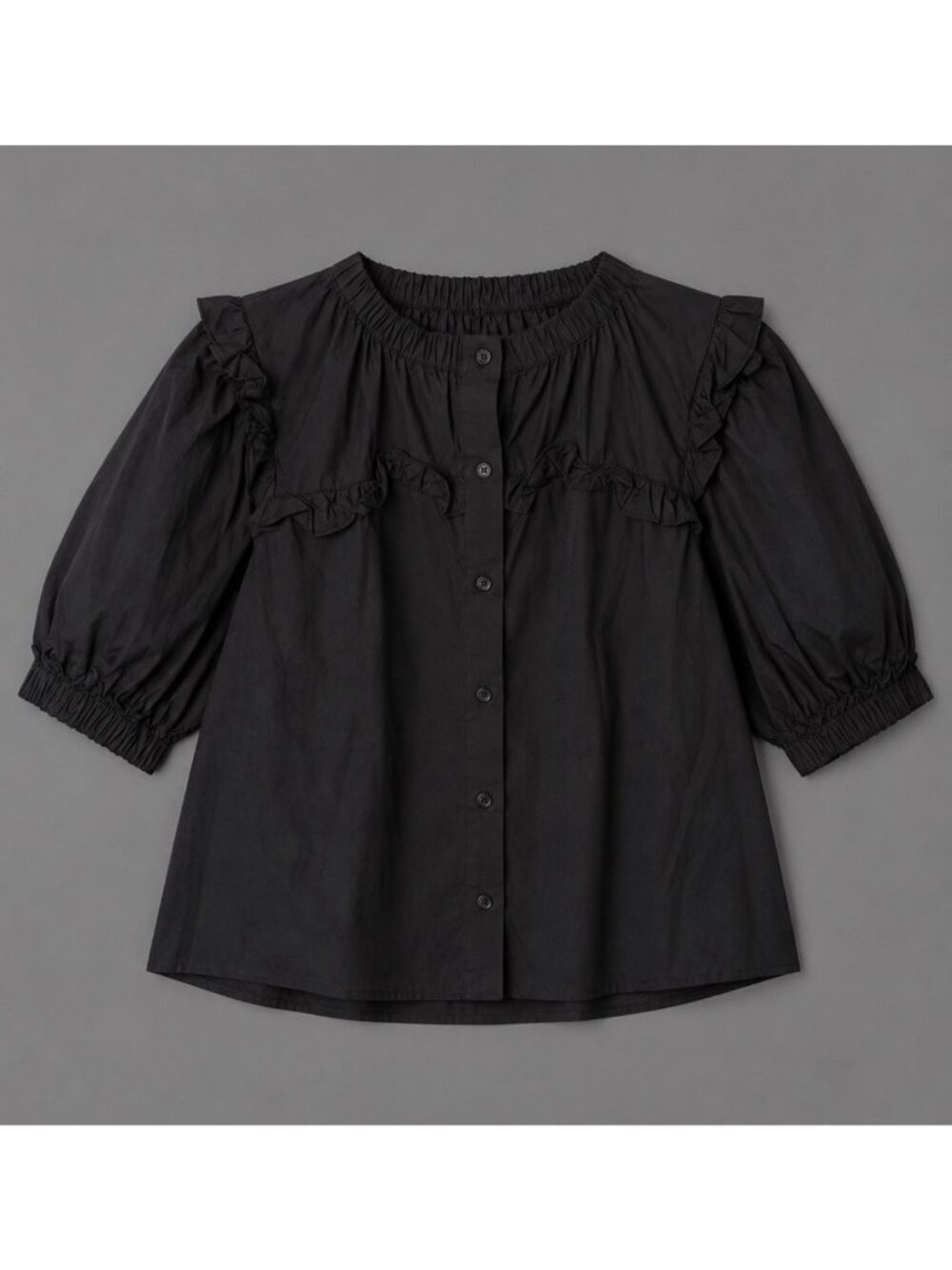 NWT THE SHIRT Rochelle Behrens Womens L  Black Poplin Ruffle Tunic Blouse Top